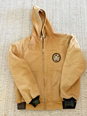 Pella Products Hooded Canvas Work Jacket Mens L Tan Brown Full Zip Hunting USA